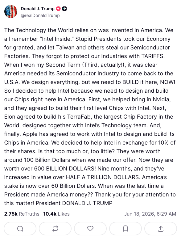 Het bericht van Trump op Truth Social over Apple en Intel